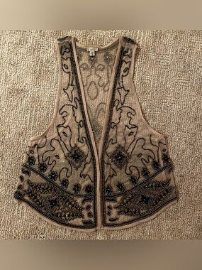 NWOT Ecote Beaded Taupe Vest with multi colored beading